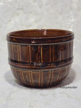 Brown Drip Glaze Ceramic Planter Barrel Pot Rustic Boho Ribbed w/ Drain Hole